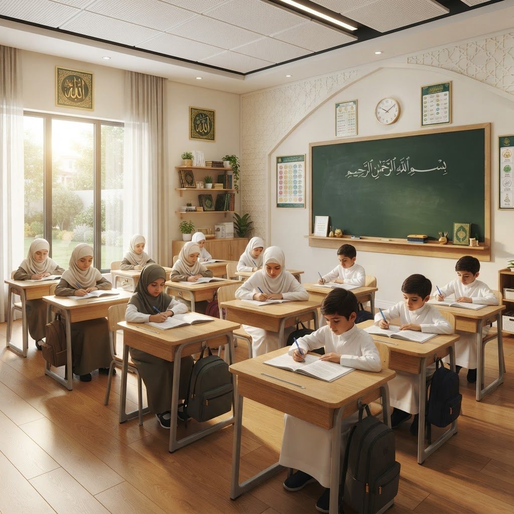 An empty classroom with desks and chairs beside tall windows