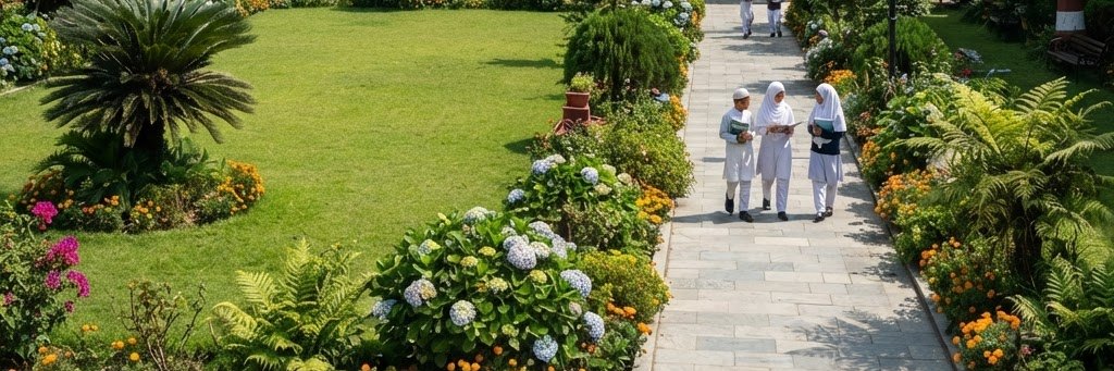 Children walking up a paved path between flowerbeds and lawn
