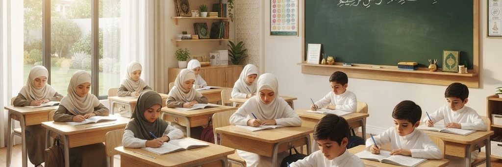 Children at desks in a daylit classroom