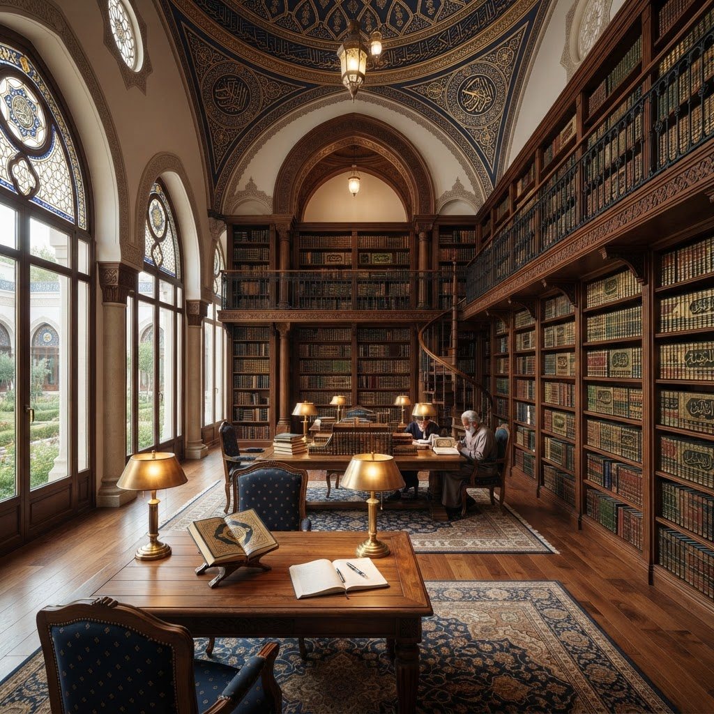 Wooden shelves filled with books